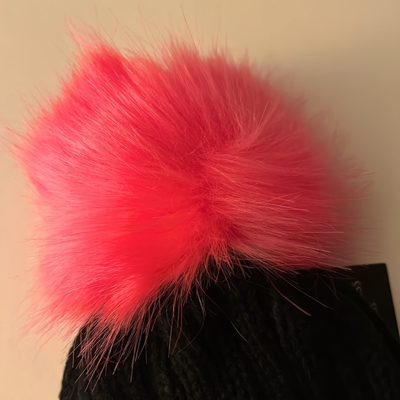 Black with neon pink puff ball beanie